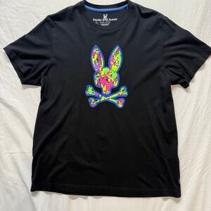 Psycho Bunny Men's Black Cotton Graphic T Shirt Crew Neck Colorful Skull Size6 L